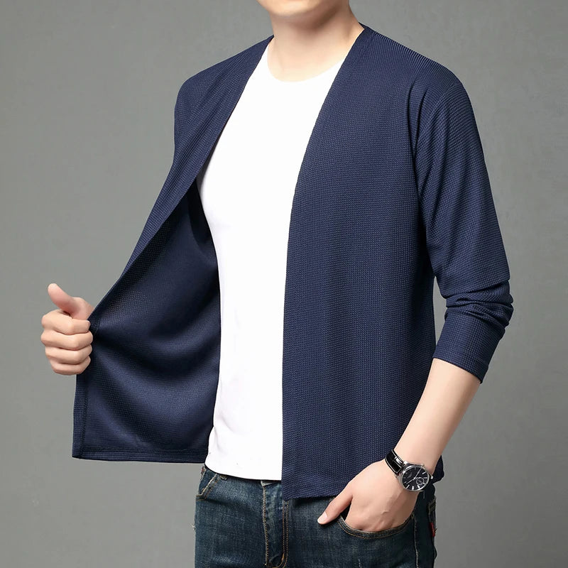 Spring and Summer Solid Color Knitted Cardigan Jacket Sun Protection Clothing Men's Shirt Loose Sleeves Fashionable and Versatil