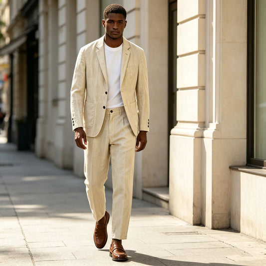 Men's Linen Suit 2-Piece Slim Fit Smart Casual Blazer and Ankle Pants Set for Business and Summer Occasions
