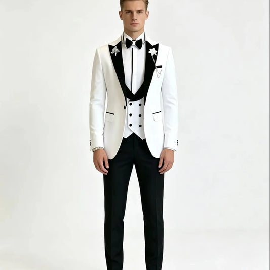 White Slim Fit Men's Suit 3-Piece Set Formal Business Office Casual Wedding Groom Tuxedo Party Peak Lapel Jacket Pants Vest
