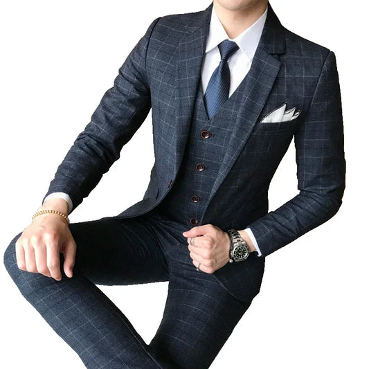 Men's 3-Piece Slim Fit Plaid Suit – Wedding & Business Formal Blazer Vest Pants