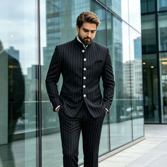 Men's Striped 2 Piece Suit Mandarin Collar Slim Fit Tuxedo Blazer Straight Leg Pants Formal Set Business Wedding Groom Party