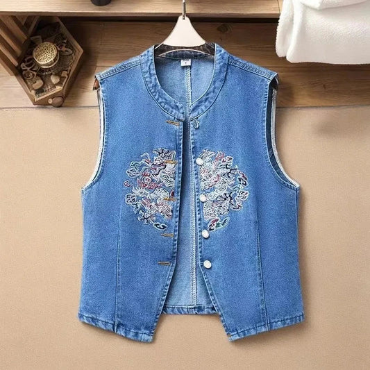 2026 New Summer Thin Denim Vest Jacket Fashion Embroidered Sleeveless Waistcoat Female Vintage Jean Vest Coat Tops Chaleco Mujer