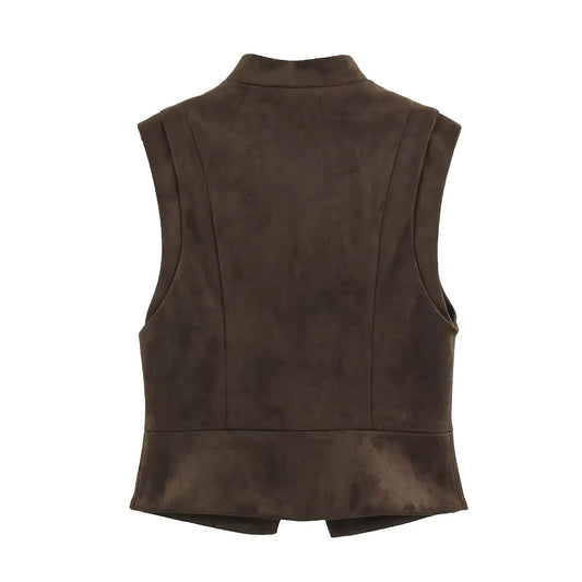 2026 Autumn Women's Fashion Suede Texture Short Vest Stand Up Collar Sleeveless Knot Button Retro Casual Waistcoat Jacket