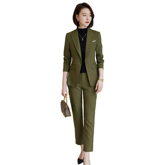 Ladies Blazer And Pant Suit Formal Army Green Khaki Gray Black Solid Women Jacket Trouser Female Business Work Wear 2 Piece Set