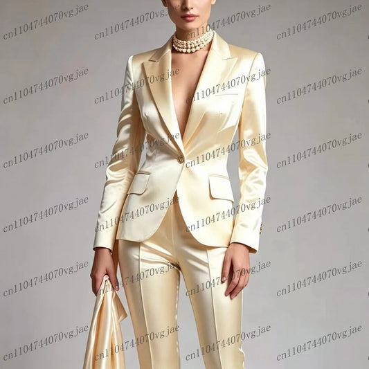 Champagne Acetate Satin Women Suit Formal Wedding Party Business Prom Ladies Girl Mother Costume 2 Piece Set Jacket Pants