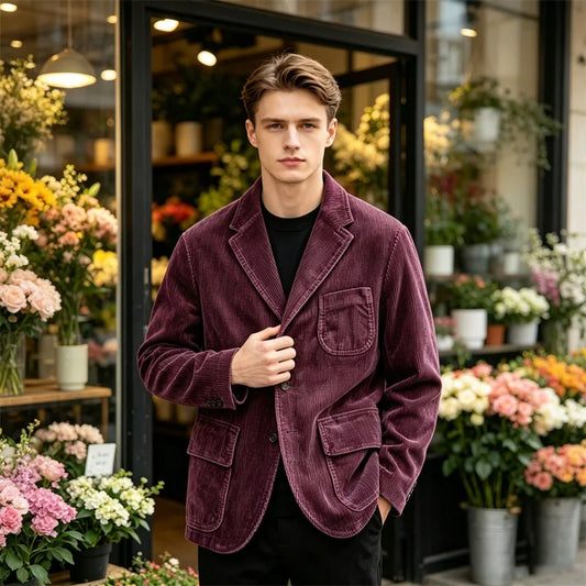 Men's Corduroy Blazer Long Sleeve 2 Button Notch Lapel Multi Pocket Vintage Casual Jacket for Fall Winter Work Party