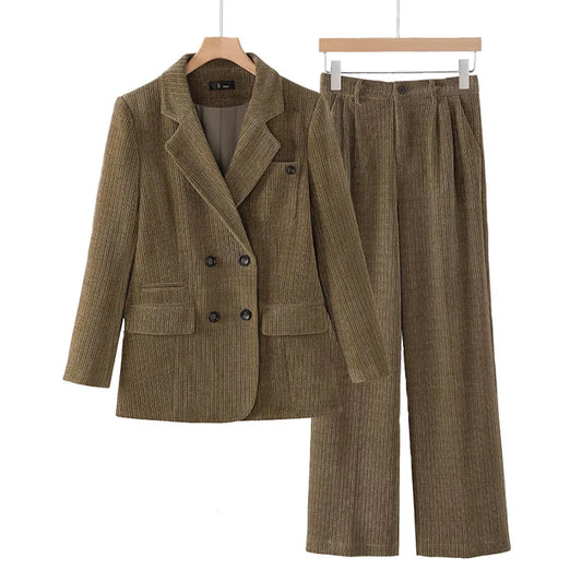 2024 Solid Autumn Winter Women Business Pant Suits Formal Elegant Corduroy Double Breasted Blazer Jacket + Wide Leg Pants