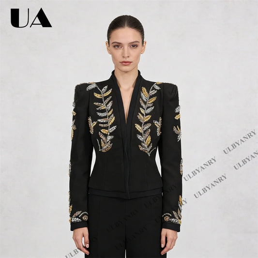 Spring 2026 Women Suit Jacket Gold & Silver Leaf Beaded Embroidery Red Carpet Gala Event Luxury Blazer for Formal Occasions