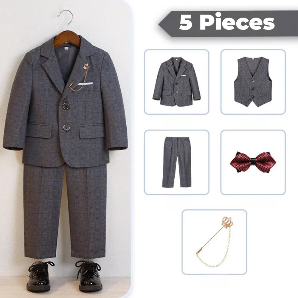 Autumn Handsome Classic Kids Tuxedo 5 Pieces For School Activities Graceful Boys Lapel Suits Wedding Ring Bearer 3-14Y In Stock