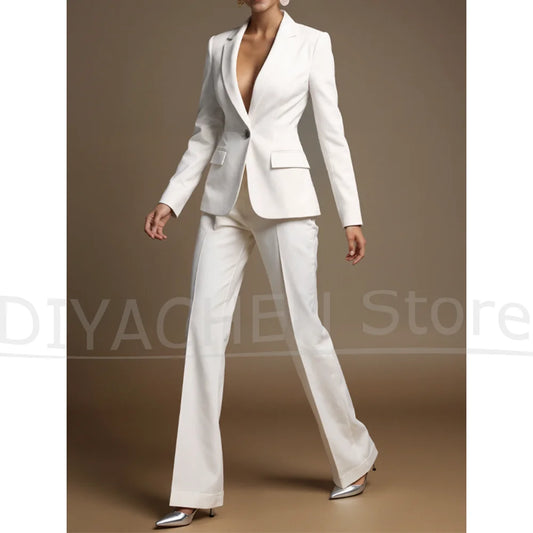 Chic Women's White Suit Elegant One Button Formal Office Casual Outfits Solid Color Fashion Wedding Party Pants Sets Two Piece