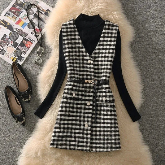 Women's V-Collar Woolen Vest New Spring Autumn Fashion Sleeveless Jacket + Sweater Suits Elegant Wool Vest Dresse Sets 2PCS