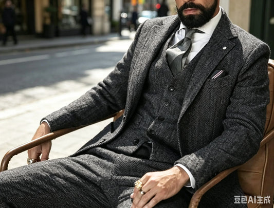 Dark Gray/Brown 3 Pieces Tweed Herringbone Men's Business Suits Single Breasted Slim Fit Jacket Wedding Suits(Blazer+Vest+Pants)