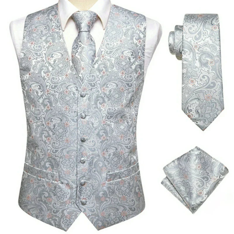 Men's Double Breasted Jacquard Waistcoat Vest Tie Pocket Square Set – Ivory Paisley Wedding & Formal Suit