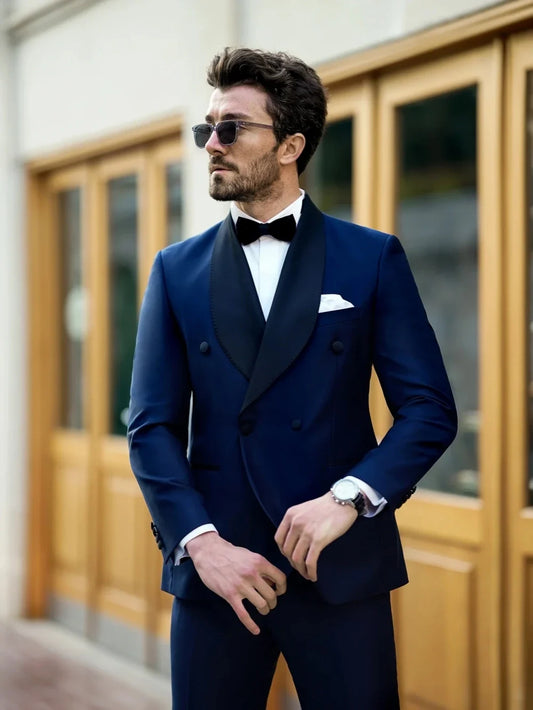 Navy Double Breasted Men's Suit Set Blazer Pants 2 Pieces Customized Slim Fit Shawl Lapel Dresswear For Formal Business Occasion