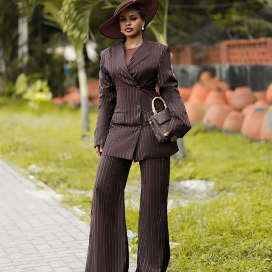 Elegant Women's Brown Pinstripe Suit Vintage Formal Evening Party 2 Piece Matching Sets Notch Lapel Single Breasted Jacket Pants