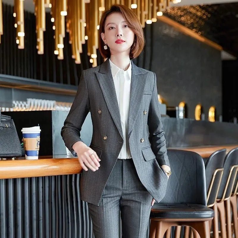 Elegant Office Ladies Two Piece Sets Womens Outifits 2025 New Double Breasted Long Sleeve Blazers Loose Casual Pant Suits