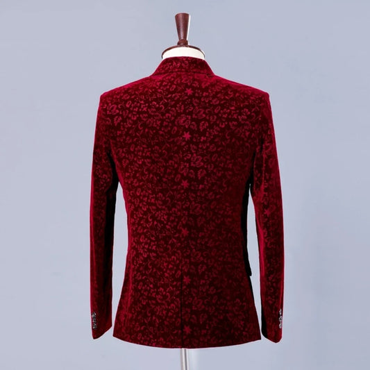Wine Red Men's Jacquard Suits 2 Pieces Banquet Party Wear Exquisite Elegant Notched Lapel Suit Set For Men Plus Size S-4XL