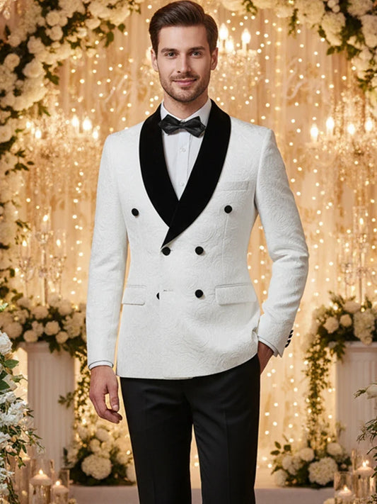 Double-breasted Groom's Wedding 2 Piece Set Men's White Slim Fit Leisure Tasdo Shawl Collar Evening Gown Men's Suits