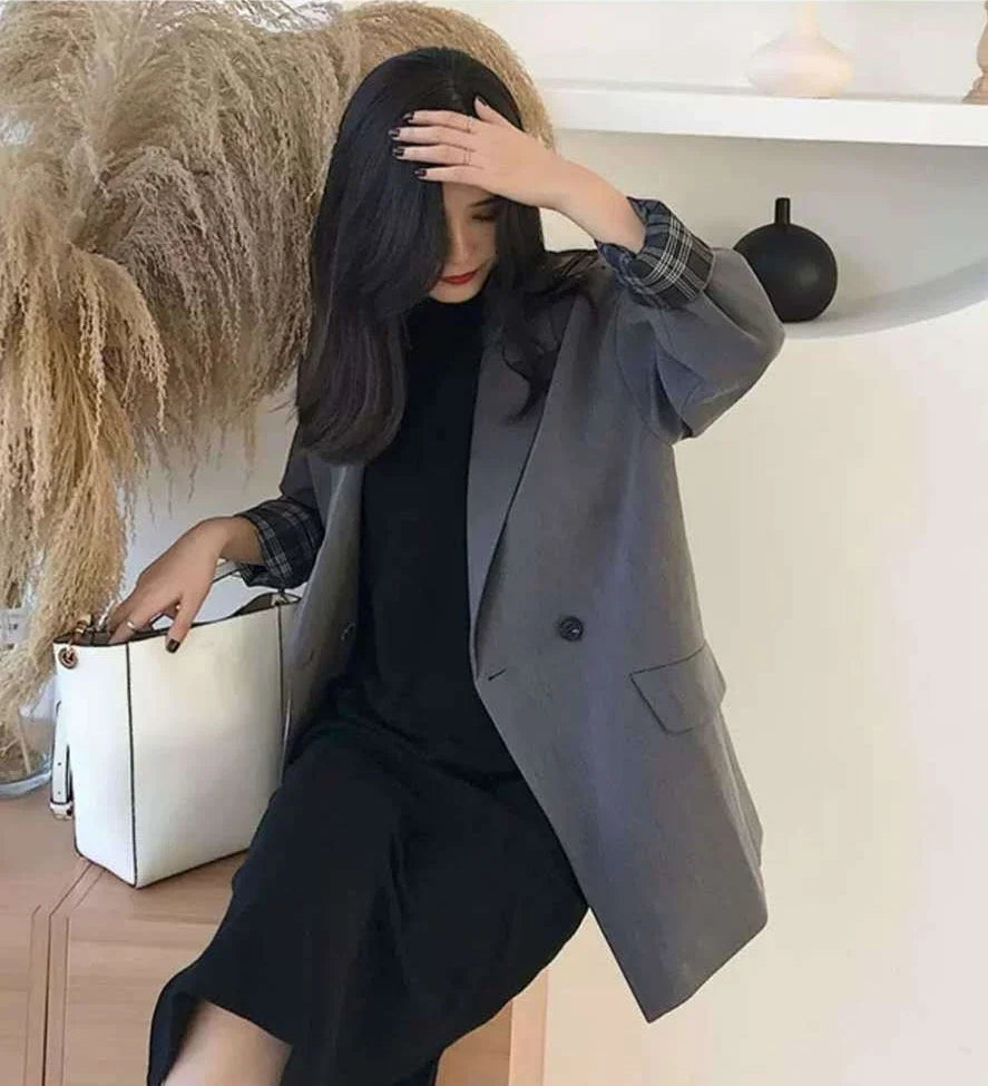 2025 Spring Autumn New Women's Blazer Korean Loose Fit Casual Versatile Patchwork Plaid Cuffs Drapey Mid Length