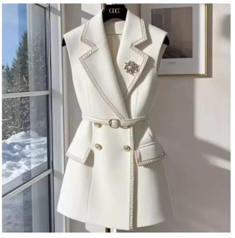 White Sleeveless Jacket with Belt Summer Cotton Suit Vest British Notched Double-breasted Office Lady Formal Elegant Waistcoat