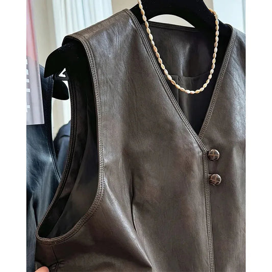 Women V Neck Casual Vest Coat Retro Femme Faux Leather Waistcoat Jacket Spring Autumn Lady Fashion PU Leather Sleeveless Outwear