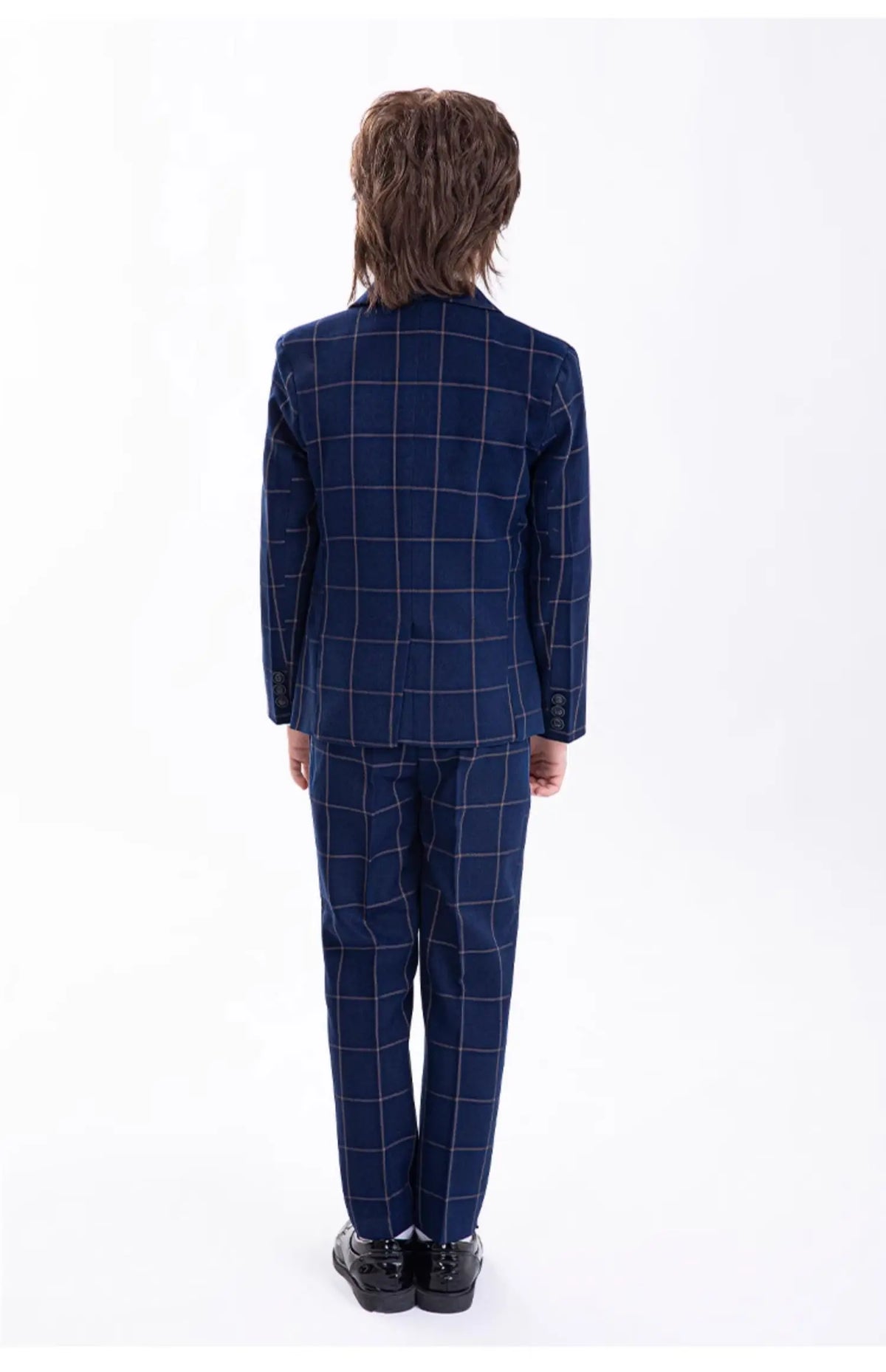 Kids Formal Blue Plaid Blazer Set For Wedding Birthday Boys Jacket Vest Pants Bowtie 4Pieces Suit Set for Piano Host Performance