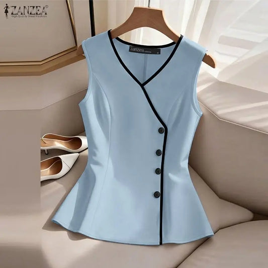 Women Elegant Contrast-Trim Vests Summer V-Neck Sleeveless Tank Tops ZANZEA 2026 Vintage Commute Work Solid Color Woman Clothes