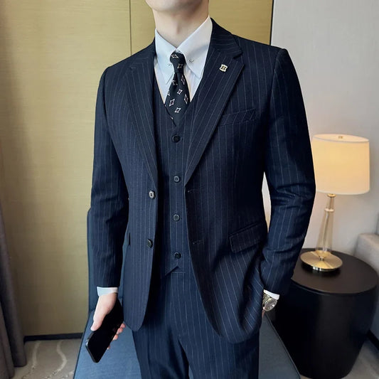7XL-M (Jacket +Vest+Pants) Italian Style Luxury Striped Men Party Tuxedos Fashion Men's Wedding Social Slim Fit Suit 3 Piece Set