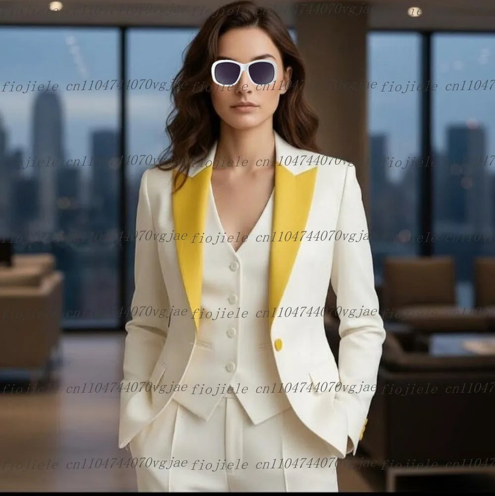 Yellow White Formal Business Women Suit Wedding Party Prom Ladies Mother Girl Tuxedos Costume 3 Piece Set Blazer Vest Pants