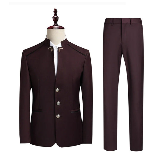 Men's Single-Breasted Slim Suit Two-Piece Set – Chinese-Style Stand-Up Collar – Smart Casual