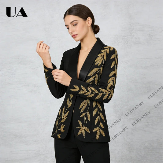 2026 Spring Black Tuxedo Blazer Gold Leaf Embroidery and Satin Lapel for Red Carpet Gala Event Opulent Regal Outfit