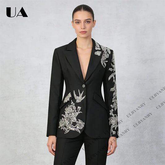 Women’s Black Blazer with Silver 3D Floral Embroidery Elegant One Button Jacket Beaded etailing Suit for Events