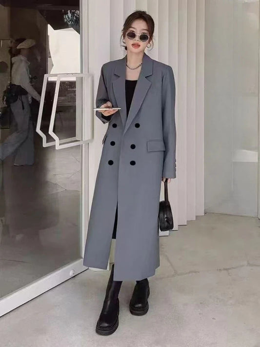 Women's 2025 New Arrival Loose Fit Solid Pure Color Long Trench Blazer Coat Trendy Korean High End Versatile Casual Overcoat
