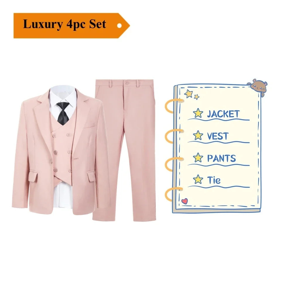 Boys 4-Piece Formal Suit Set – Kids Wedding & Prom Tuxedo with Jacket, Vest, Pants & Tie