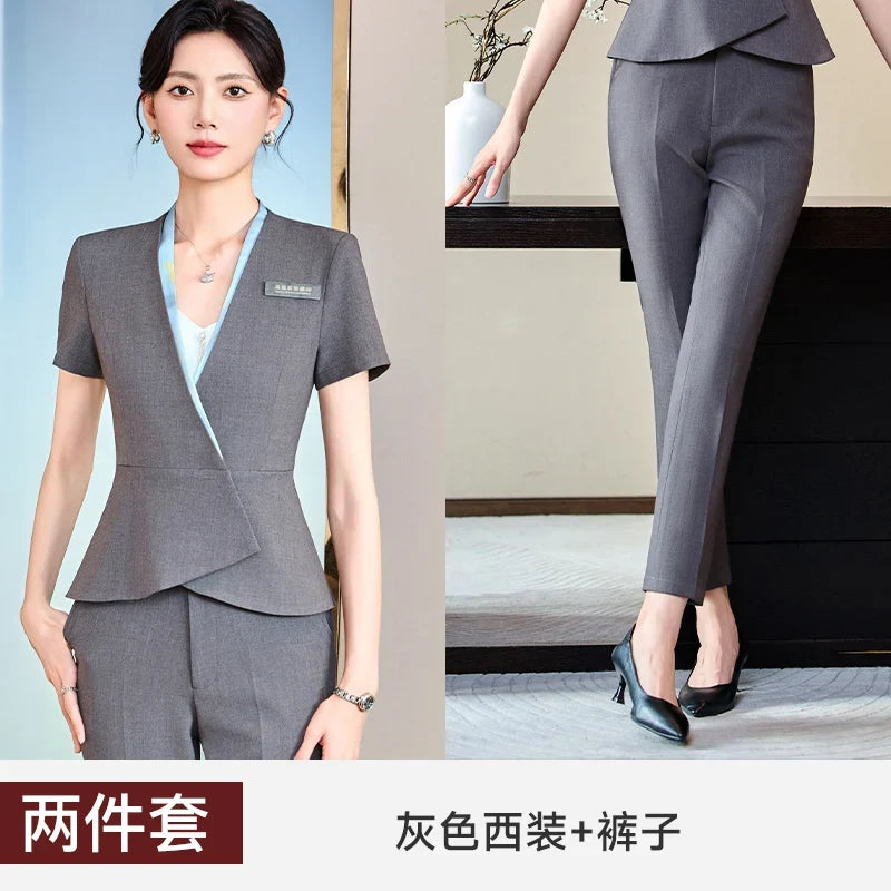 Fashionable professional women's clothing, high-quality short-sleeved suit jacket + pants set, slim and comfortable