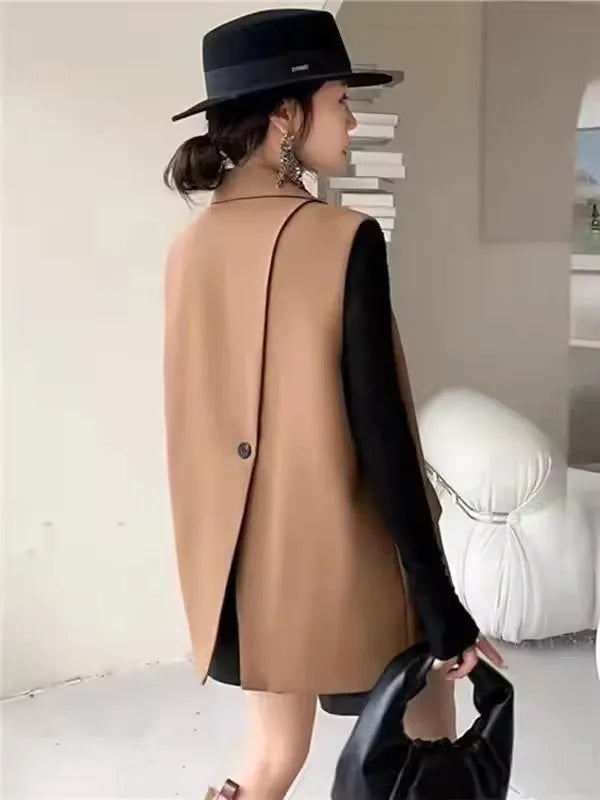 Vintage Sleeveless Suit Vest Fashion Casual Lapel Suit Waistcoat 2025 Summer Women Office Double Breasted Split Back Outwear