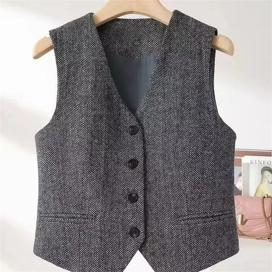 British Style Retro Suits Vests Spring Autumn V-neck Herringbone Pattern Women's Sleeveless Jacket New Blazers Waistcoat