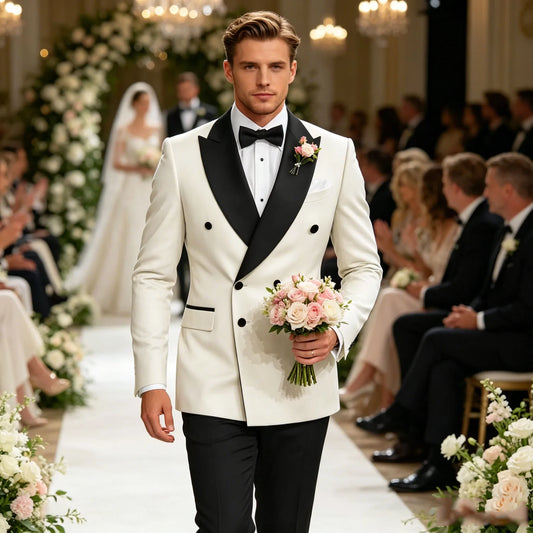 Men's Double Breasted Suit Classic Fit Contrast Peak Lapel Tuxedo Jacket for Wedding Prom