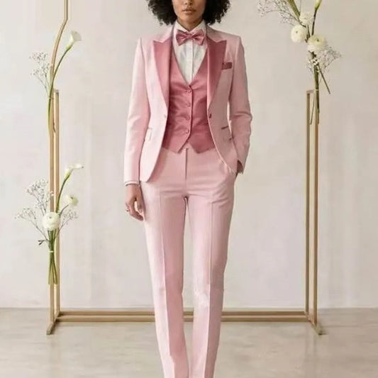 New Pink Formal Business Women Suit Wedding Party Prom Mother Girl Tuxedos Costume 3 Piece Set Blazer Vest Pants