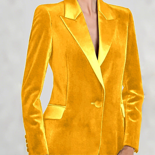 Velvet Blazer Set Elegant Vintage Simple Peak Lape 2 Pieces(Jacket+Flared Pants) Velvet Long Sleeve with Covered Buttons