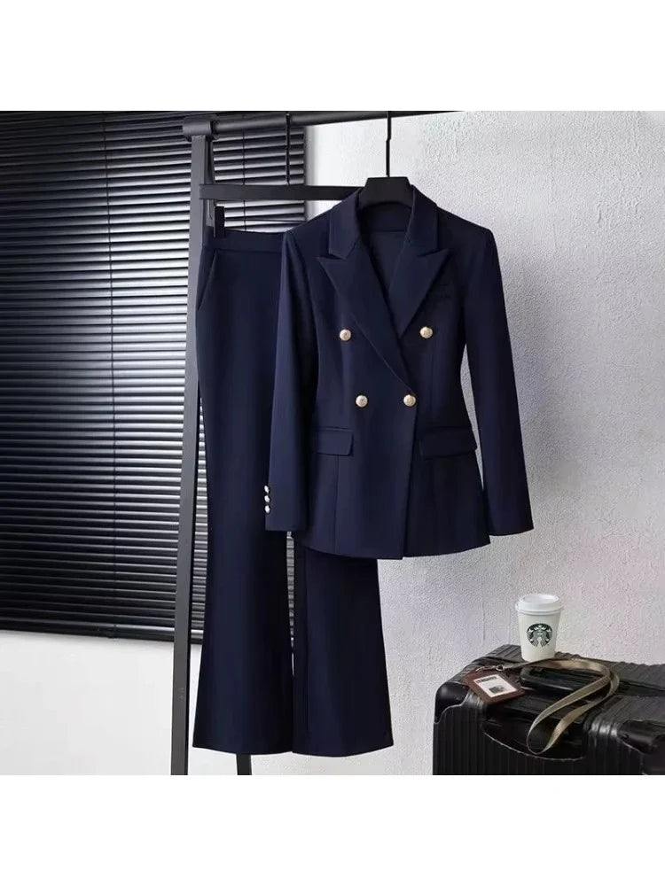 Navy blue Fashion Women Pant Suit Long Sleeve Solid Ladies Blazer and Trouser Formal 2 Piece Sets