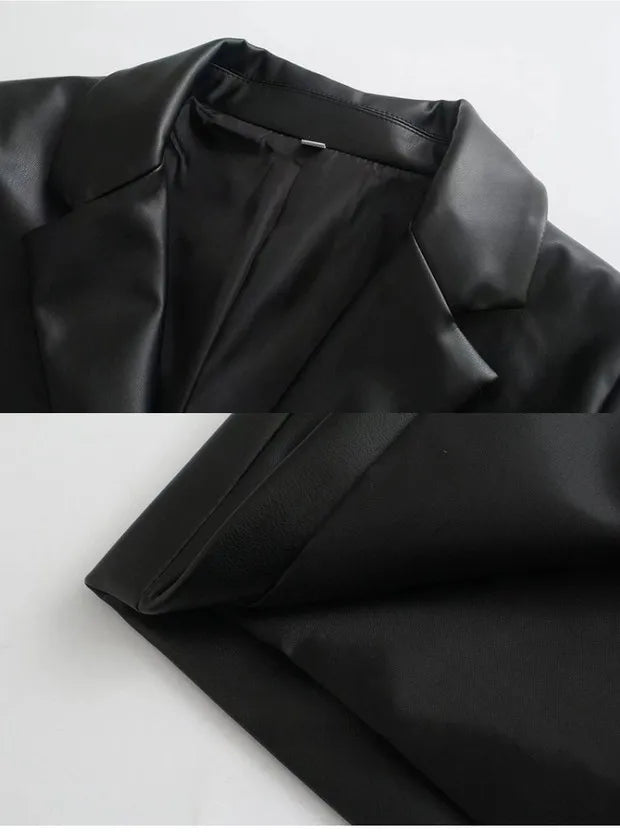 Winter 202 Women's Leather Look Suit Jaet Faionable Commute Sle Long Sve Single Button Closure Regular Length Coat