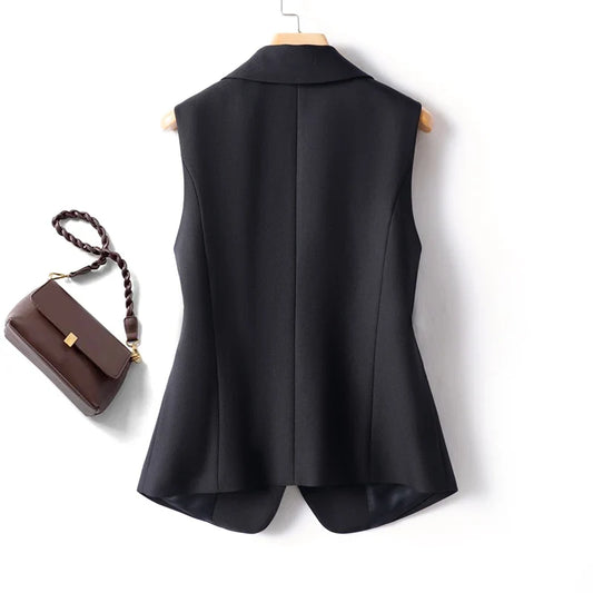 Black Suit Vest Women's Spring and Autumn Diagonal Button Short Slim Fit Top Jacket