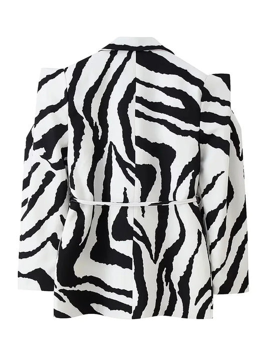 Women Zebra Print Blazer Jacket Elegant Belted Suit Coat Structured Shoulder Blazer Office Lady Streetwear Outerwear