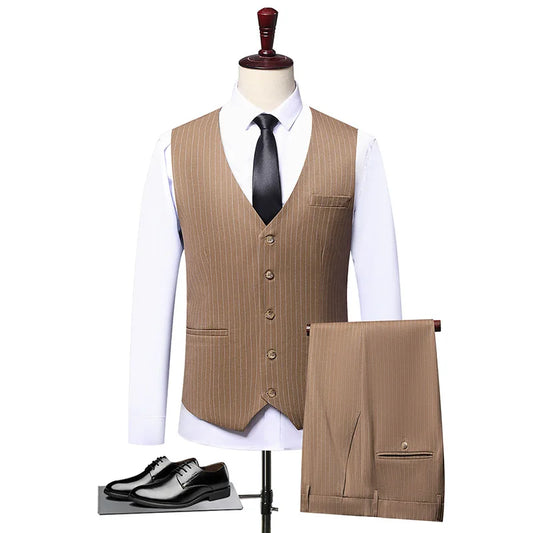 Plus Size Man Striped Double Breasted Suit Blazer Vest Pants Set Peak Lapel Formal Wedding Groom Tuxedo Business Party Suit Sets