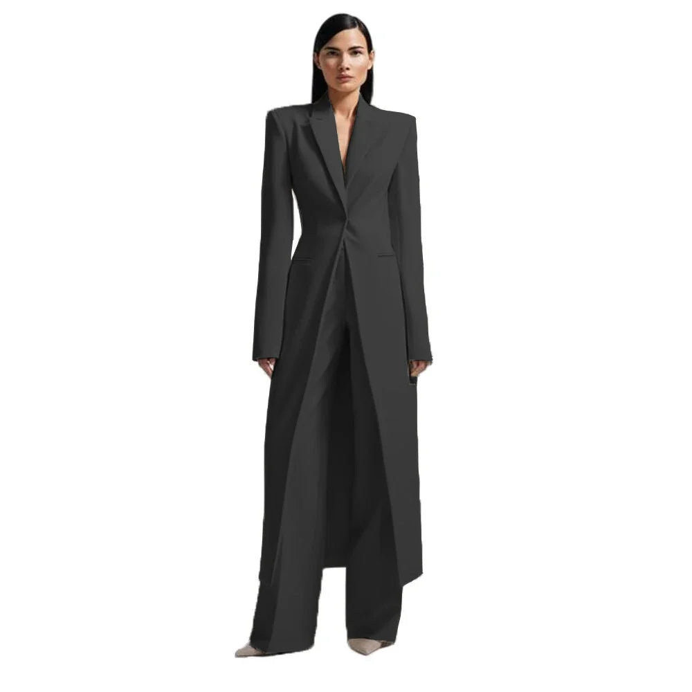 Bright Red Women Long Split Blazer Two Piece Suit Peak Shoulder Lapel Slim Waist Wide Leg Pants Wedding Gala Evening Customized