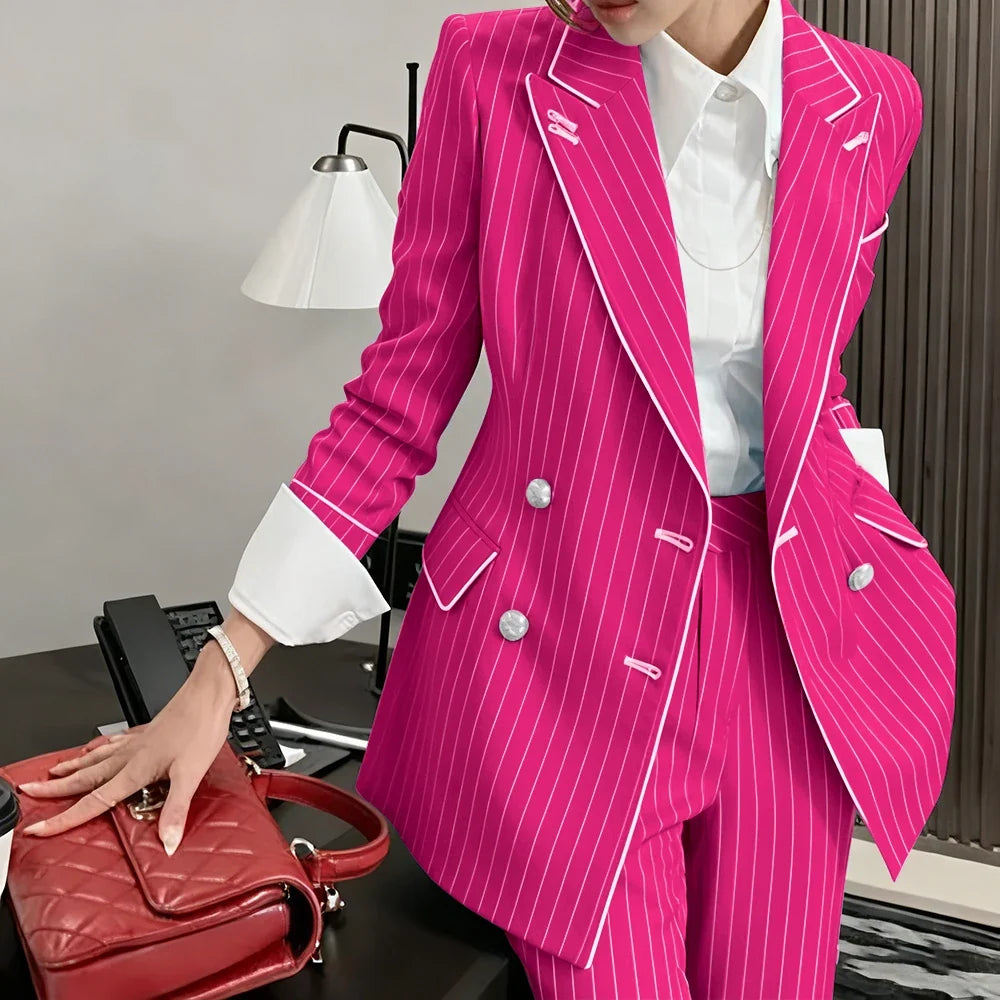Slim-fit Women's Suit Modern Striped 2 Piece(Jacket+Pants) Set Classic Retro Blazer Daily Office Wear Business Formal Attire