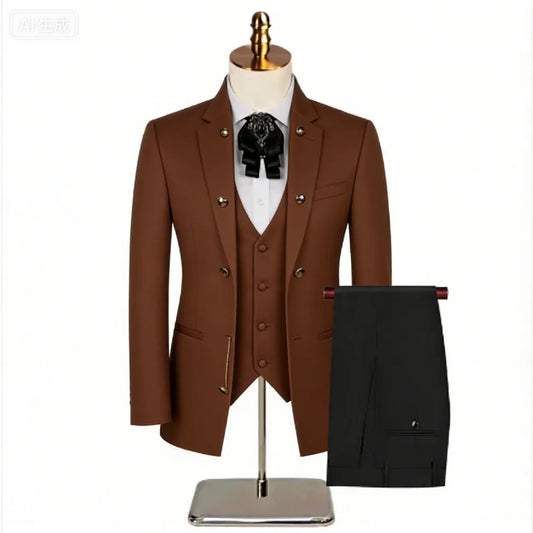 Handsome Men Suits Champagne Jacquard Slim Fit Single Breasted Blazer Elegant Business Prom Dinner 3 PCS Jacket Vest Pants Set