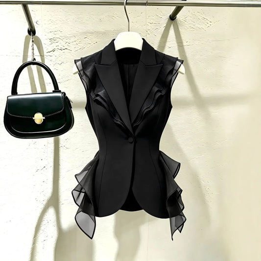2026 New Black Suit Vest Female Summer Korean Fashion Spliced Flounces Sleeveless Blazers Jacket Waistcoat Women Outerwear Tops