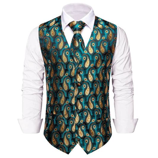 Men's Vest 5-Piece Set Teal Peacock Jacquard V-Neck Single Breasted for Stage Show & Gala